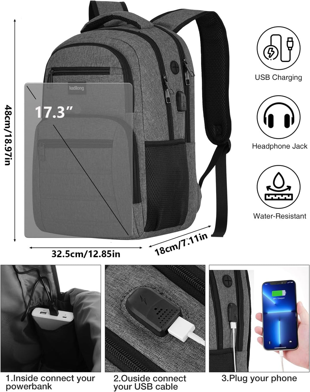 kadilong Rucksack Herren 17.3 Zoll Laptoptasche mit USB Ladeanschluss für Arbeit Business Reisen Sch