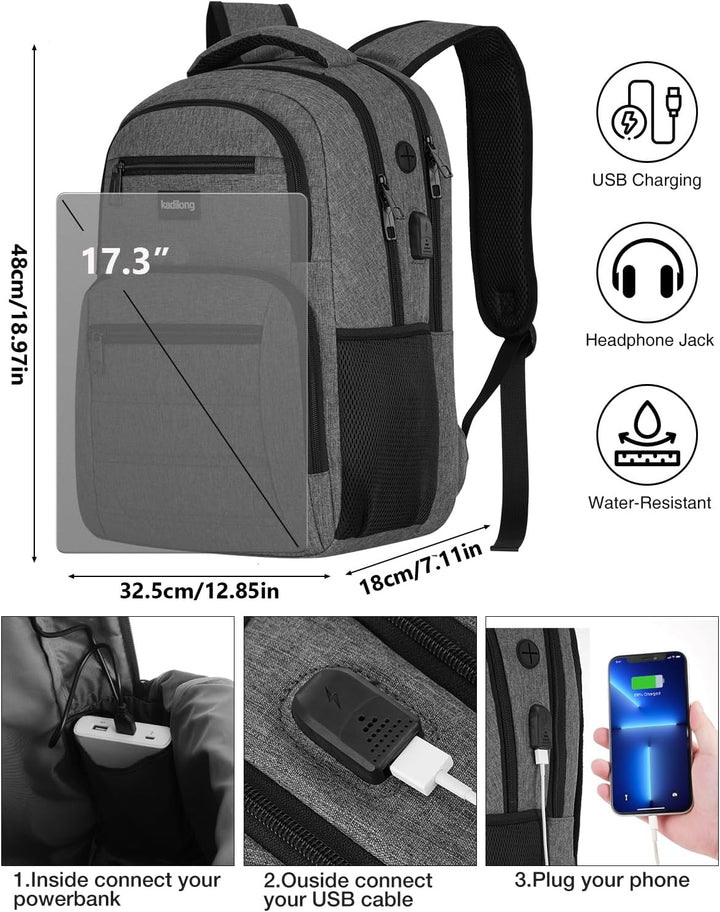 kadilong Rucksack Herren 17.3 Zoll Laptoptasche mit USB Ladeanschluss für Arbeit Business Reisen Sch