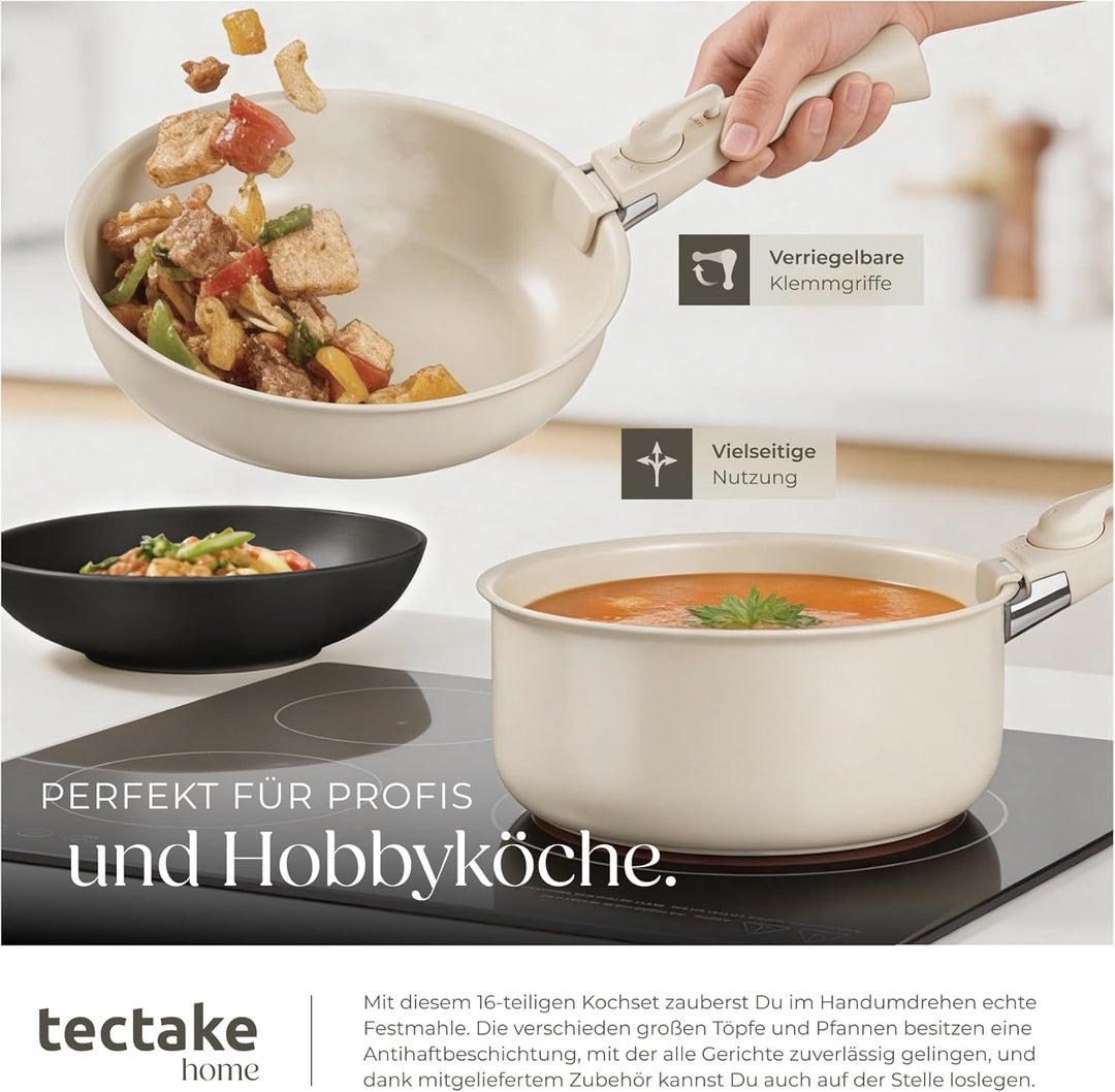 tectake® Küchenstarterset 6 Personen, Steingut Geschirr Set, Teller, 3 Pfannen, 2 Töpfe, rostfreies
