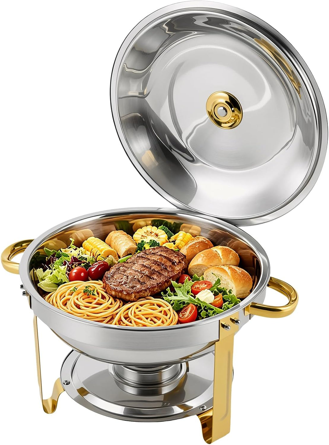 Chafing Dish Set 4er-Pack rund, 5 QT Edelstahl Buffetwärmer mit goldenen Griffen & Gestell, Elegante