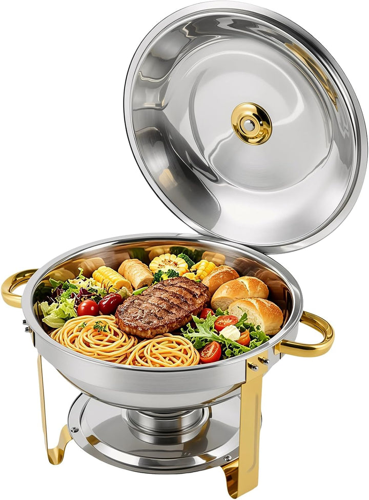 Chafing Dish Set 4er-Pack rund, 5 QT Edelstahl Buffetwärmer mit goldenen Griffen & Gestell, Elegante