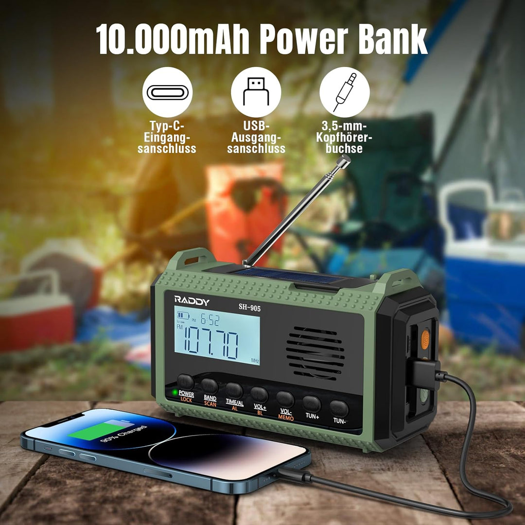 [11.500mAh Leistungskapazität] SW/AM/FM Kurbelradio Raddy SH-905, Solar Notfallradio, Tragbares Wied