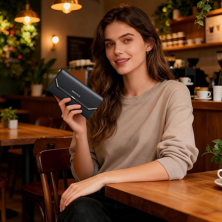 Geldbeutel Damen Leder Geldbörse RFID Schutz Large Portemonnaie Minimalistisch Lange Brieftasche Sch