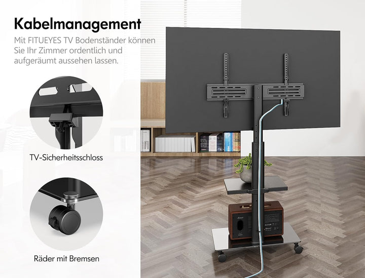 FITUEYES TV Ständer Rollbar TV Rollwagen 2 Ablagen Standfuss Fernsehstand mit Regal höhenverstellbar