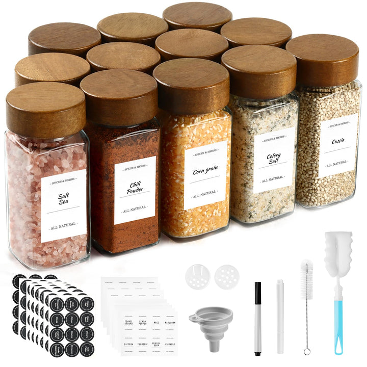 Gewürzgläser aus Glas und Holz, 12×120 ml Gewürzglas-Set mit Akazienholzdeckel Aufbewahrungsbehälter