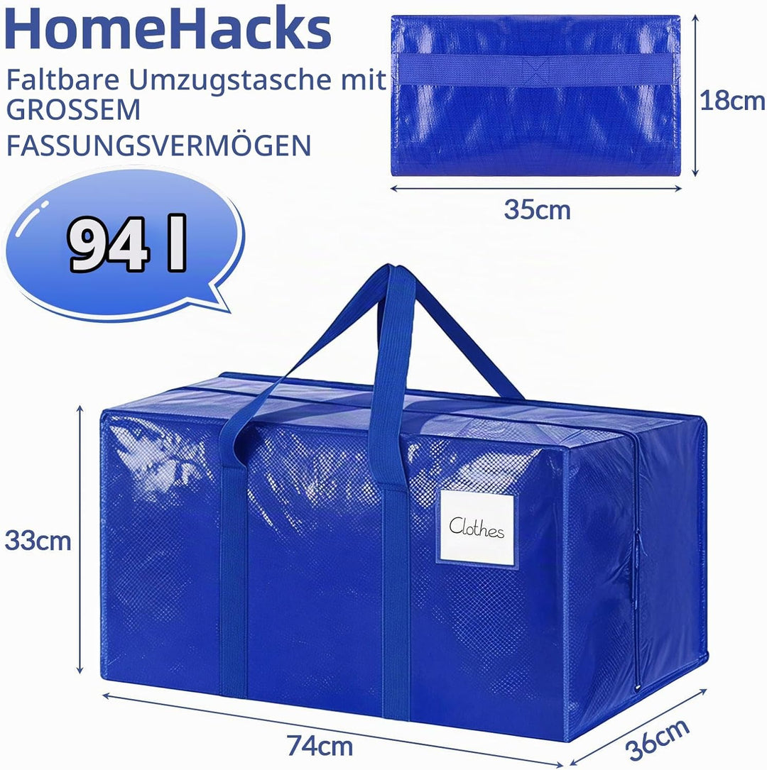 6 Stück extragrosse Umzugstaschen, 93L Aufbewahrungstaschen mit Reissverschluss, mit Rucksackgurten,