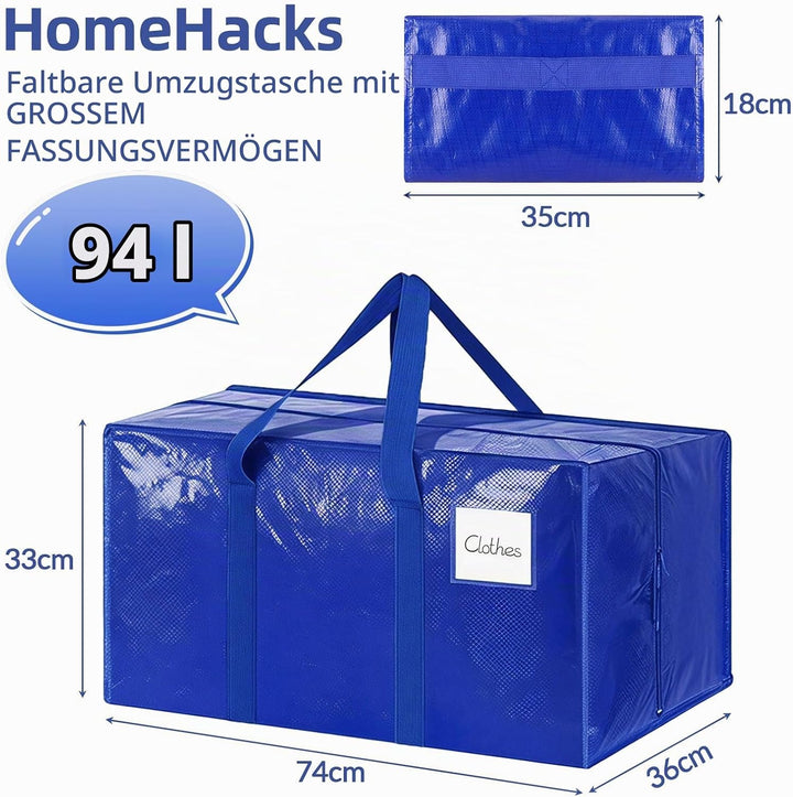 6 Stück extragrosse Umzugstaschen, 93L Aufbewahrungstaschen mit Reissverschluss, mit Rucksackgurten,