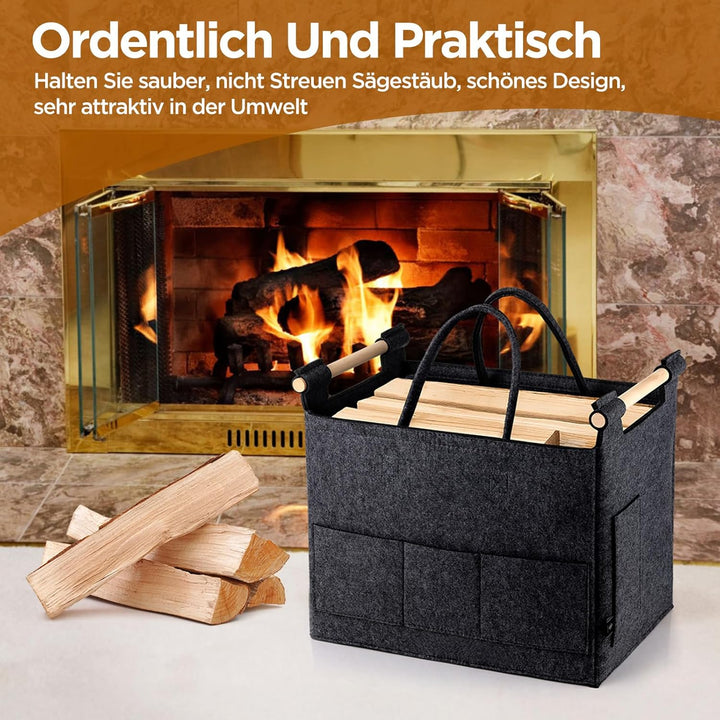 XL 40L Filzkorb & Holzkorb für Kaminholz - Doppelgriffanwendung + rutschfeste Griffe + Fronttasche e