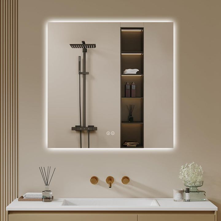 Badspiegel-mit-Beleuchtung 60x60cm - LED Badezimmerspiegel Badezimmer Spiegel mit Beleuchtung, Touch