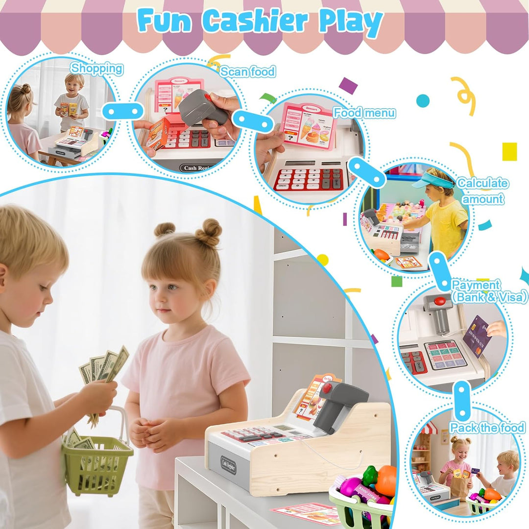 maysida Kinderkasse Holz-Registrierkasse mit Scanner & Sound für Kinder 3-5 Jahre, Spielzeug Kasse m