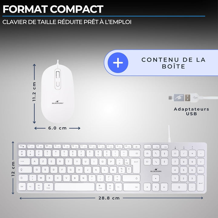 Bluestork - Pack Mac Tastatur und Maus für Mac Weiss USB-C & USB-A, AZERTY