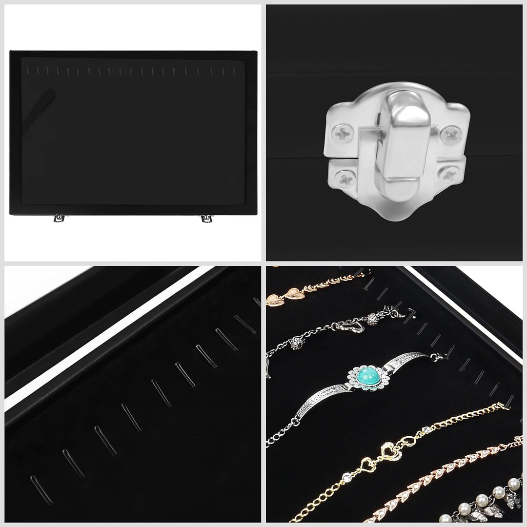 Kurtzy Jewelry Organizer Schmuckkasten Schwarz, Samt Box Glas Deckel Verschliessbar & 20 Haken (2Stk