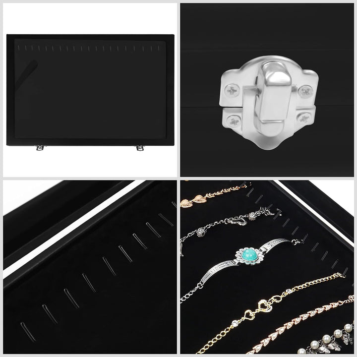 Kurtzy Jewelry Organizer Schmuckkasten Schwarz, Samt Box Glas Deckel Verschliessbar & 20 Haken (2Stk