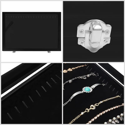 Kurtzy Jewelry Organizer Schmuckkasten Schwarz, Samt Box Glas Deckel Verschliessbar & 20 Haken (2Stk