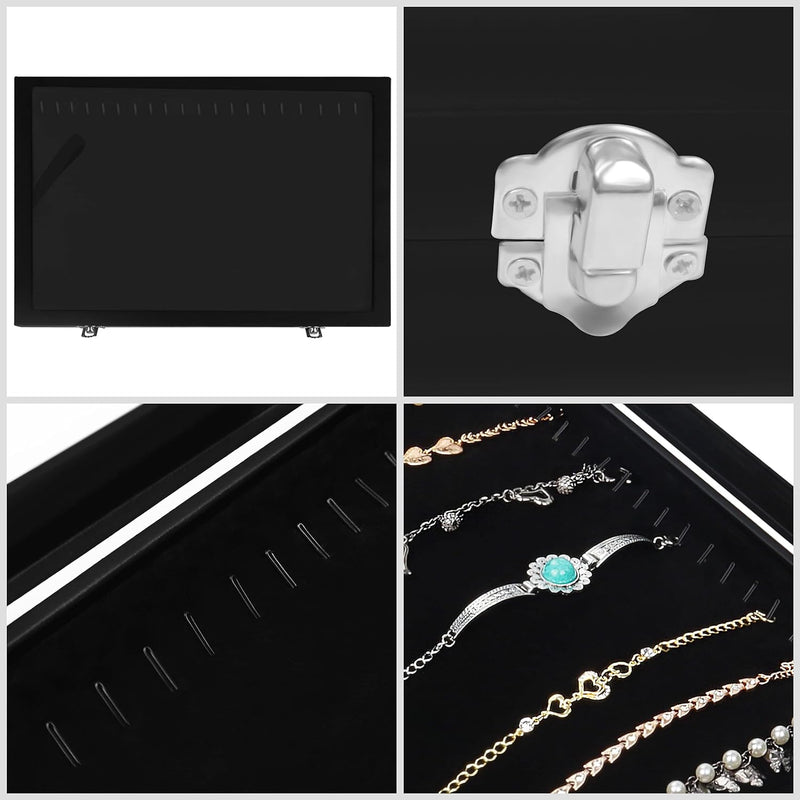 Kurtzy Jewelry Organizer Schmuckkasten Schwarz, Samt Box Glas Deckel Verschliessbar & 20 Haken (2Stk