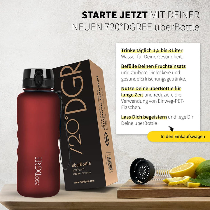 720°DGREE Trinkflasche 1,5l “uberBottle“ +Früchtebehälter - BPA-Frei, Auslaufsicher - Wasserflasche