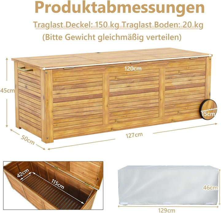 GIANTEX Auflagenbox Kissenbox Akazien Holz 182L, Gartenbox Aufbewahrungsbox mit Rollen, Kissentruhe