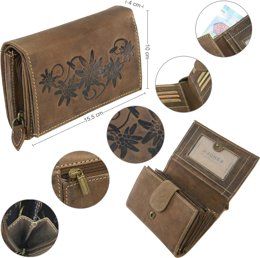 WILD THINGS ONLY !!! Grosse Damen Geldbörse aus Antik-Leder mit vielen Fächern - Motiv-Prägung - Far