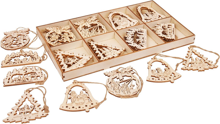 BRUBAKER 24-TLG. Weihnachtsanhänger Set - Baumschmuck aus Holz ca. 6 cm - Engel Glocken Tannenbaum -