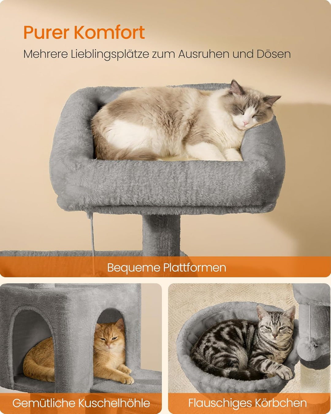 Feandrea Kratzbaum, 136 cm hoch, Katzenbaum, mehrstöckiges Katzenhaus, mit 4 Kratzsäulen, 3 Plattfor
