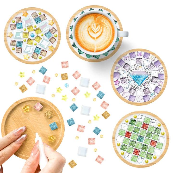 4 Stück Mosaik Untersetzer Bastelset, Mosaik Bastelset Erwachsene, Bambus Untersetzer, Basteln & DIY