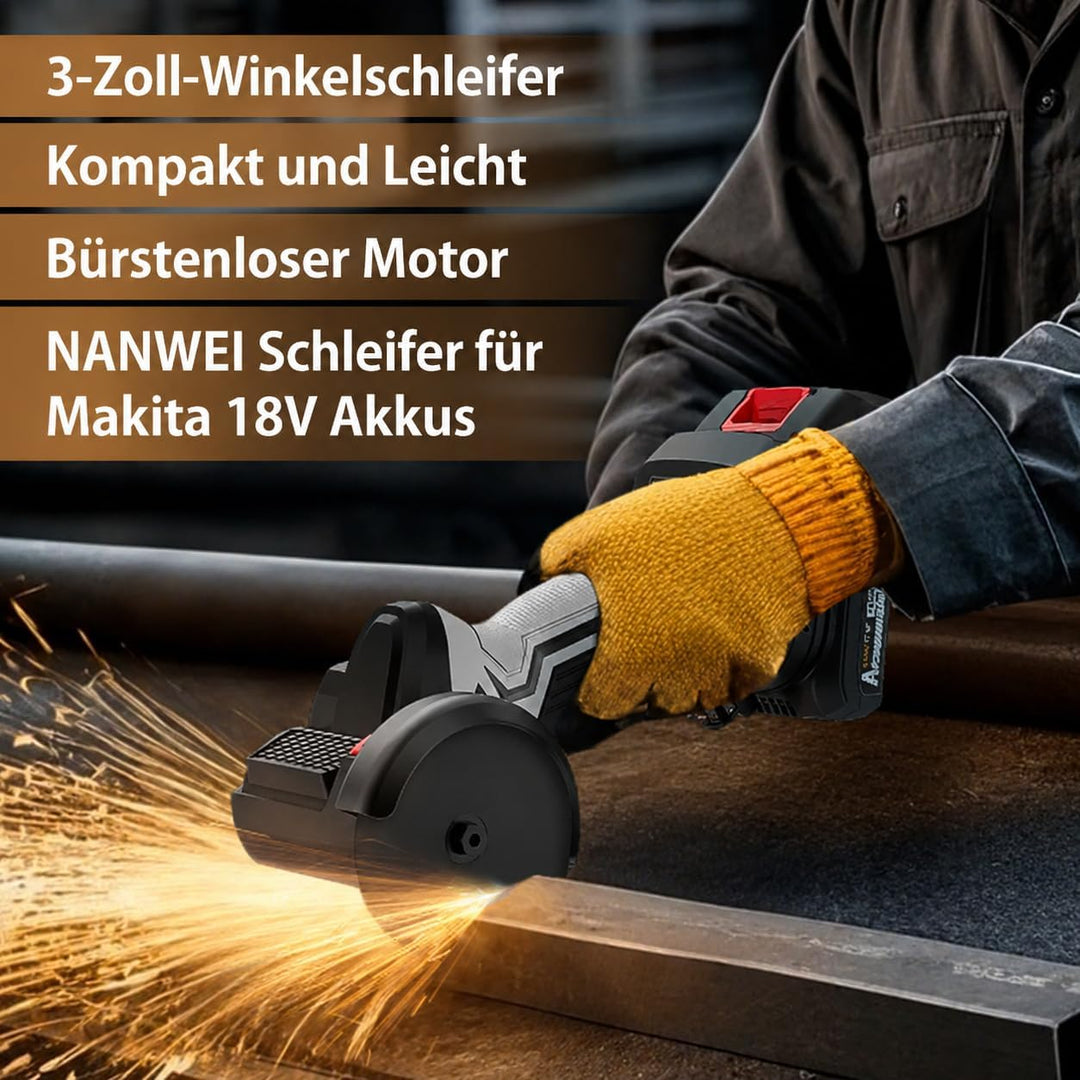 NANWEI 3-Zoll-Akku-Winkelschleifer für Makita 18-V-Akku, 76 mm kompakter und leichter Schleifer, 0–1