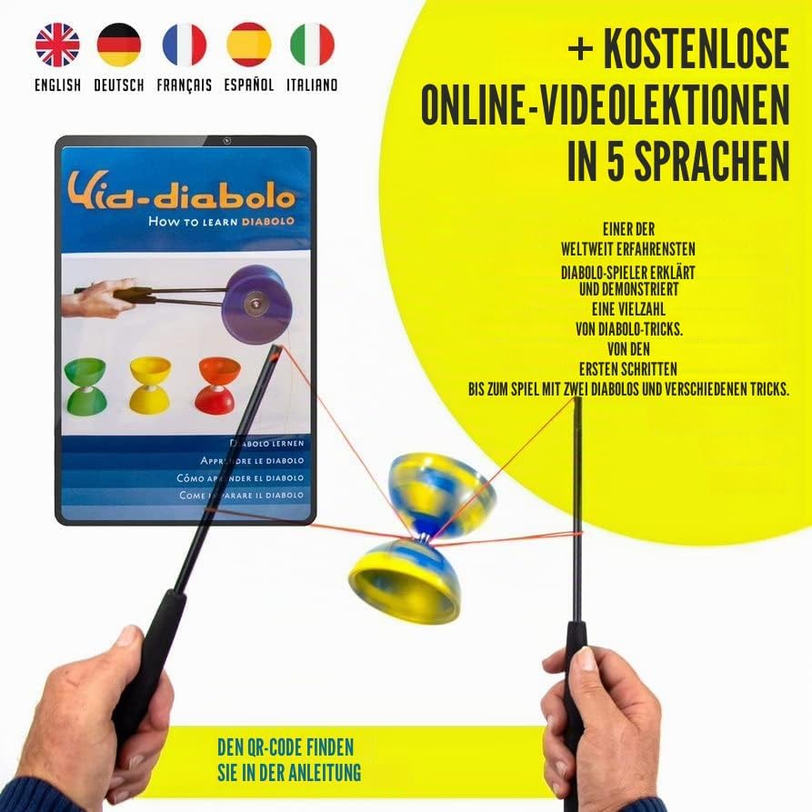 Juggle Dream Jester Diabolo Jonglierset – Fester Achse Profi-Diabolo mit Superglass-Handstäben, Onli