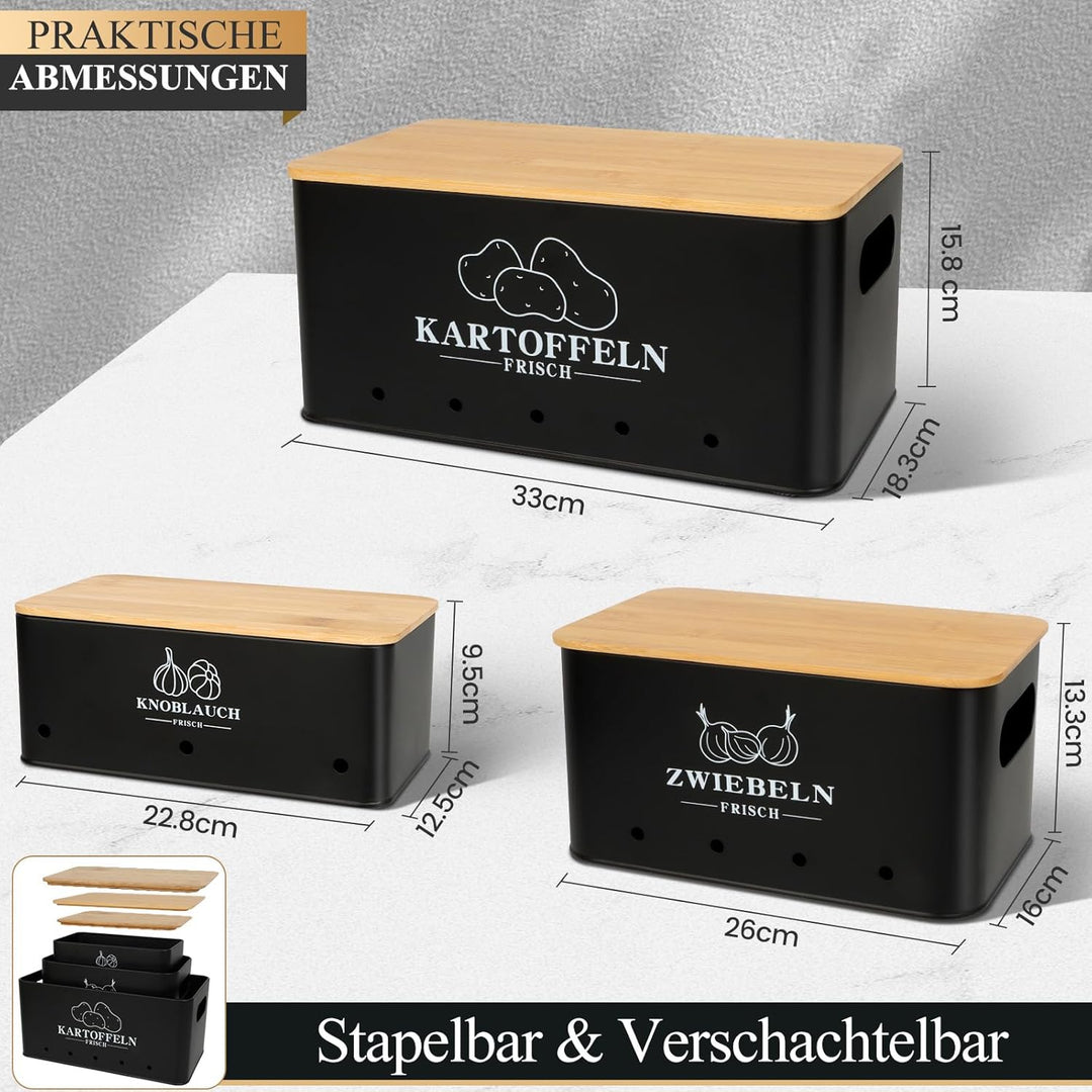 Kartoffel Aufbewahrungsbox 3er Set mit Bambusdeckel, Aufbewahrung für Kartoffeln Zwiebeln Knoblauch,