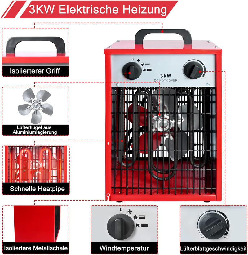 XMTECH Heizlüfter Elektroheizung 3kW 220V - Bauheizer Elektroheizer Heizstrahler Heizgeraet Heizgebl