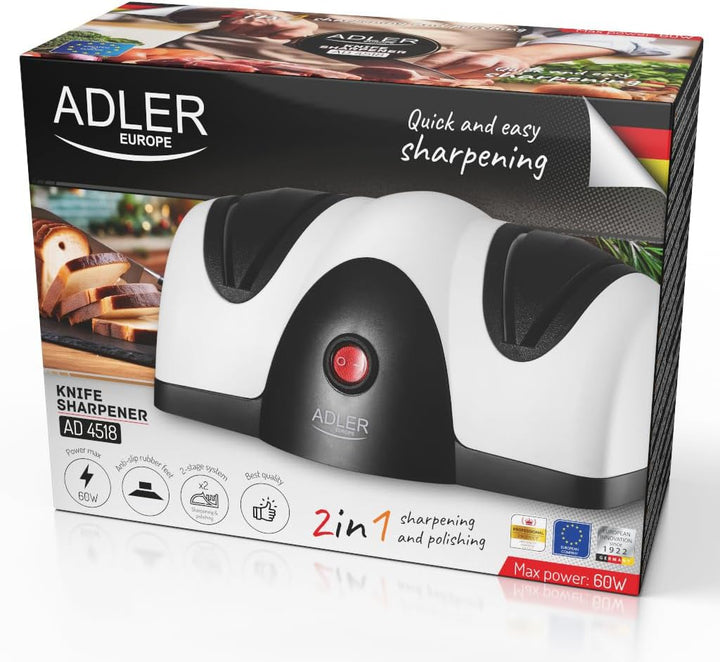 Adler AD 4518 Elektrischer Messerschärfer, 2 in 1, Schärfen und Polieren, 60 W, Weiss und Schwarz