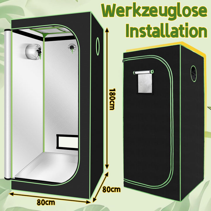Ikodm Growzelt, 80x80x180 cm Growbox, 600D Oxford Grow Tent, Lichtdicht und Wasserdicht Growschrank,