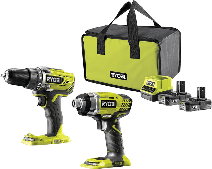 RYOBI - Duo ONE+ 18 V: Bohrschrauber + Schlagschrauber - Lieferung in Tragetasche mit 2 Akkus 2,0 Ah