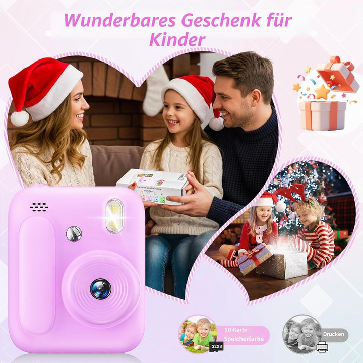 Sofortbildkamera für Kinder, 1080P Kinderkamera mit 5 Rollen Druckpapier, 32GB-Karte und Farbstiften