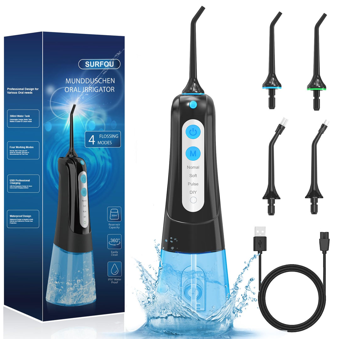 SURFOU Munddusche Kabellos Mundduschen 300ML 4 Modi 4 Düsen, Mundduschen Reise Water Flosser IPX7 Wa