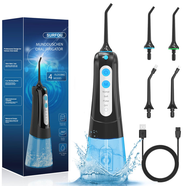 SURFOU Munddusche Kabellos Mundduschen 300ML 4 Modi 4 Düsen, Mundduschen Reise Water Flosser IPX7 Wa
