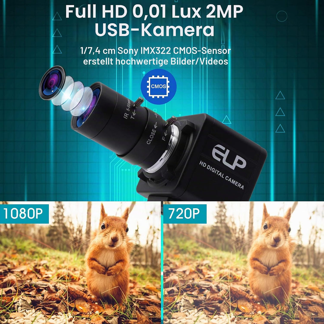ELP FHD 1080P Zoom Webcam mit 5-50mm Variable Fokus Objektiv,2MP IMX323 Web Kamera Plug&amp;Play,0.01Lux