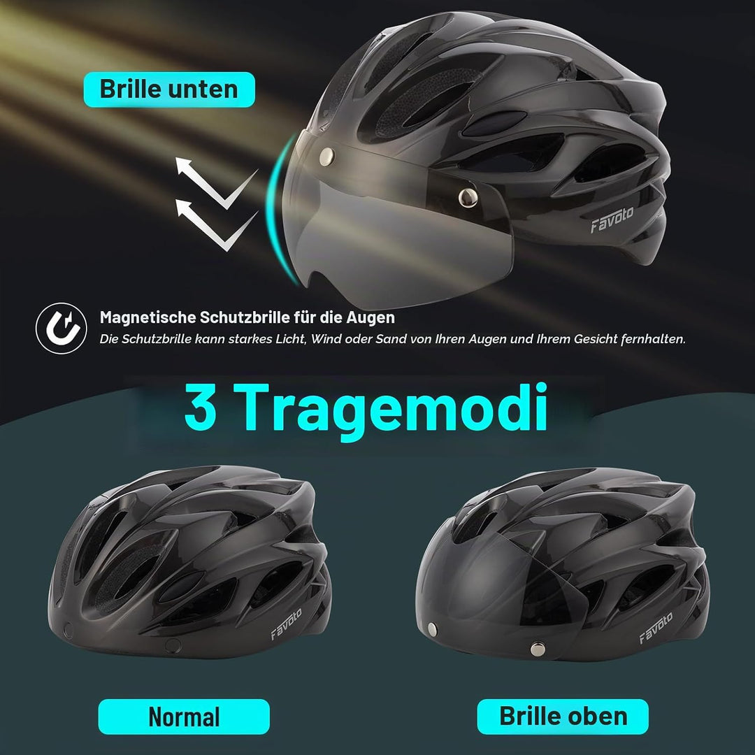 Favoto Fahrradhelm Herren mit Licht - Damenhelm Fahrradhelm Leichtgewicht Atmungsaktiv mit Brille Rü