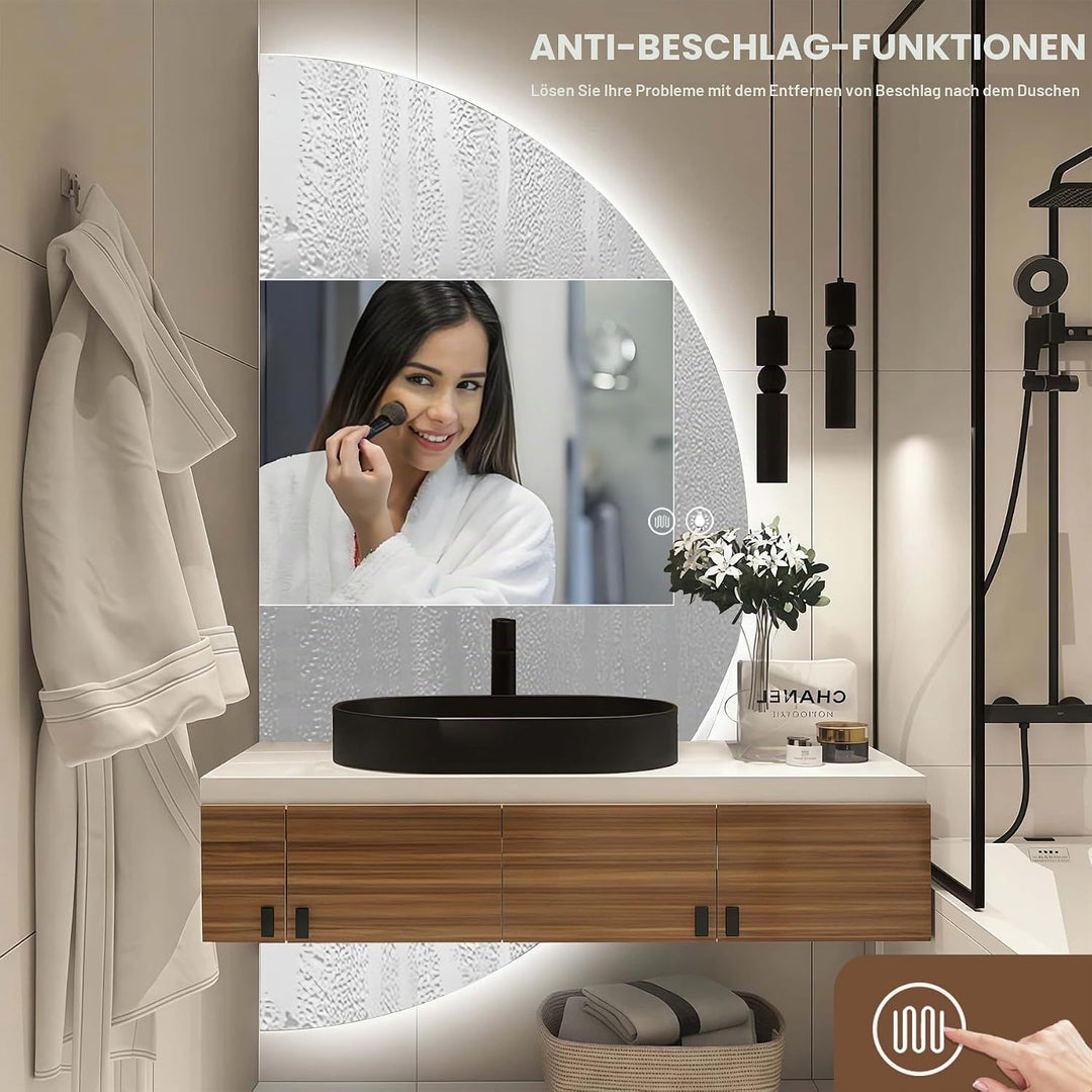 Badspiegel mit Beleuchtung 110 × 55cm, Badezimmerspiegel Wandspiegel und Touch-Schalter, Halbrunder