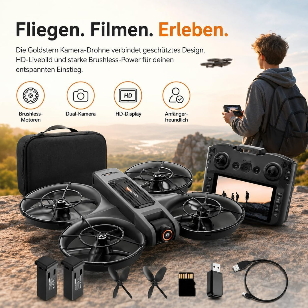 RC Drohne mit HD Dual Kamera, Display Fernbedienung, Brushless Motor, 90° Kamera, FPV Livebild, Opti