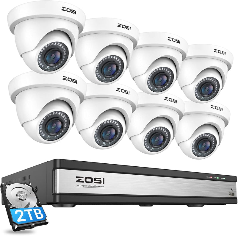 ZOSI 16CH 1080P Überwachungskamera Set Aussen, 2TB DVR mit 8X 2MP Überwachungskamera, Bewegungserken