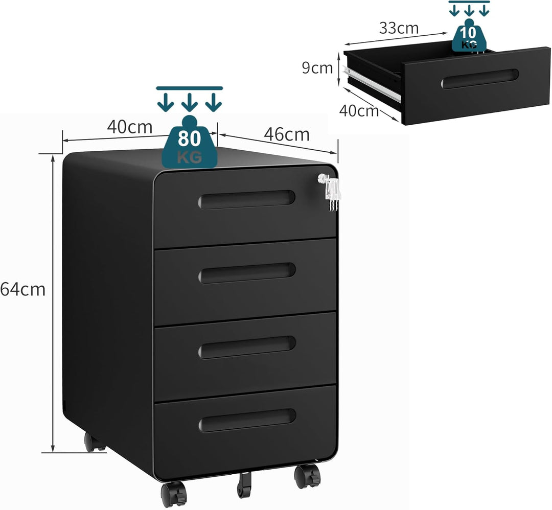 LVSTEEL Rollcontainer mit 4 Schubladen, Aktenschrank, Abgerundetes Eckendesign, Abschliessbar, 4 Sch