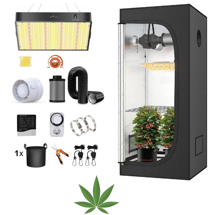 JUNG Growbox Komplettset Anbau Set mit LED Vollspektrum Grow Lampe Dimmbar, 40x40x120 cm, mit Ventil