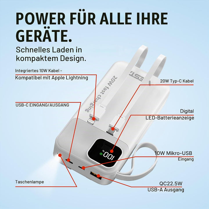 Powerbank 20.000 mAh Schwarz – 22,5 W Schnelllade-Powerbank mit PD 20W, integriertem USB-C- &amp; Lightn