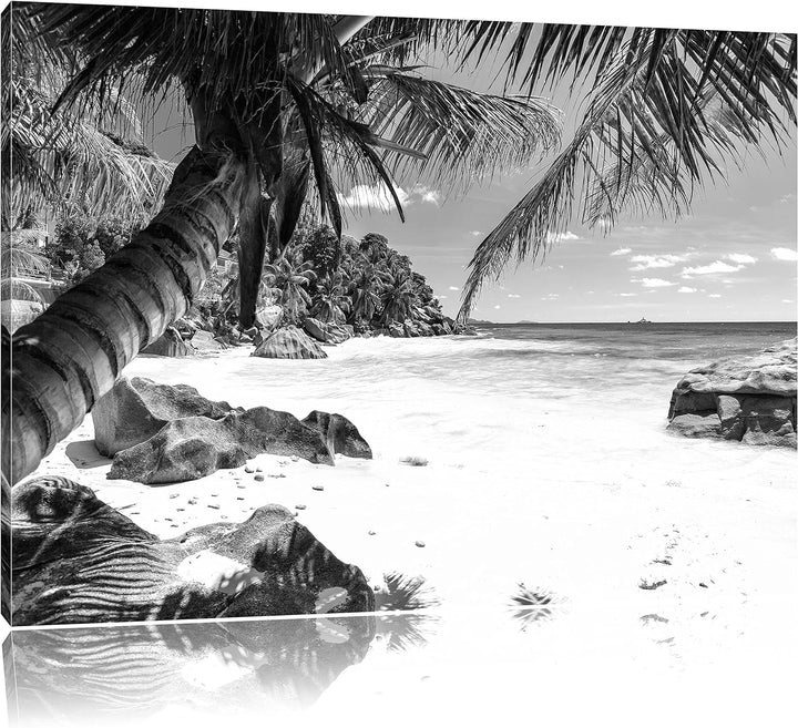 Pixxprint Palmenstrand Seychellen Kunst B&W als Leinwandbild/Grösse: 100x70 / Wandbild/Kunstdruck/fe