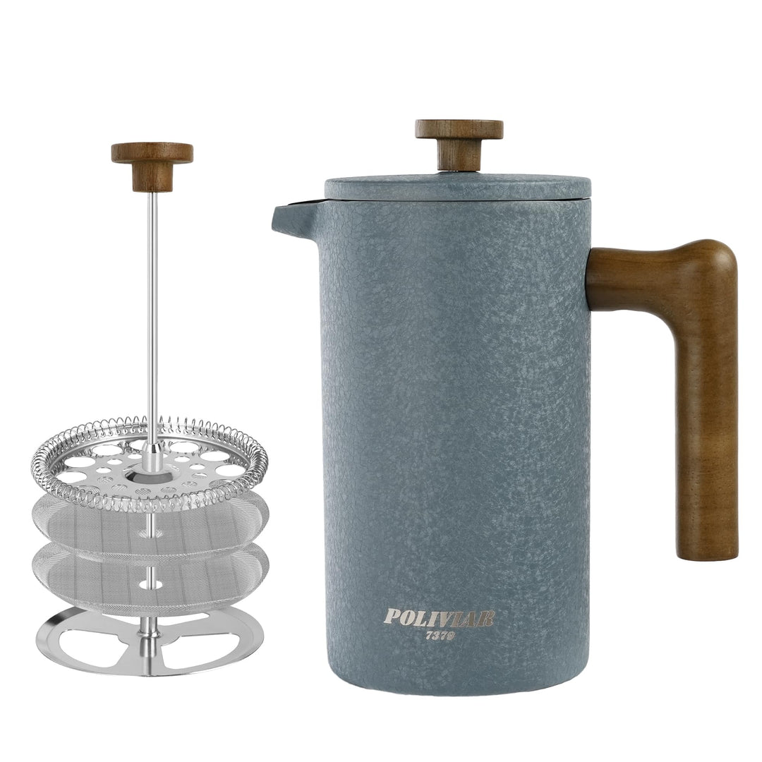 Poliviar French Press Kaffeebereiter 1 Liter/8 Tassen- Doppelwandige Isolierte Kaffeekanne und Teebe