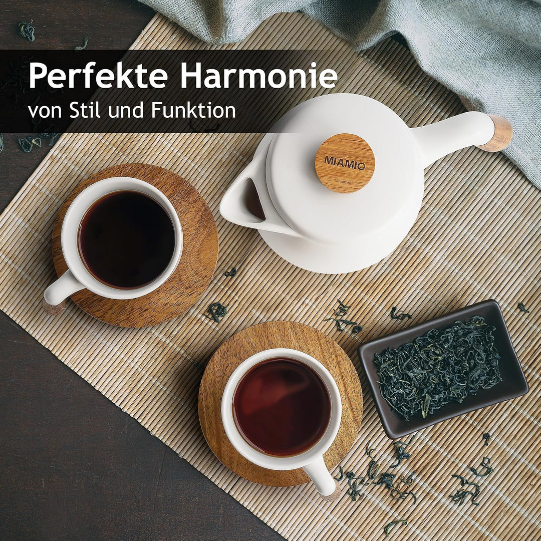 MIAMIO - 1 Liter Keramik-Teekanne-Set mit Siebeinsatz und Tassen/Teesieb, 4 Keramik-Teetassen (300 m