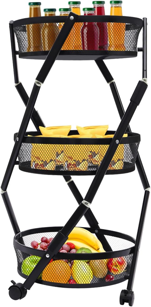 Gemüsewagen 3-stufig 37.5x37.5x88 cm schwarz mit Rollen für Küche | Aufbewahrungsregal mit 4 Rädern