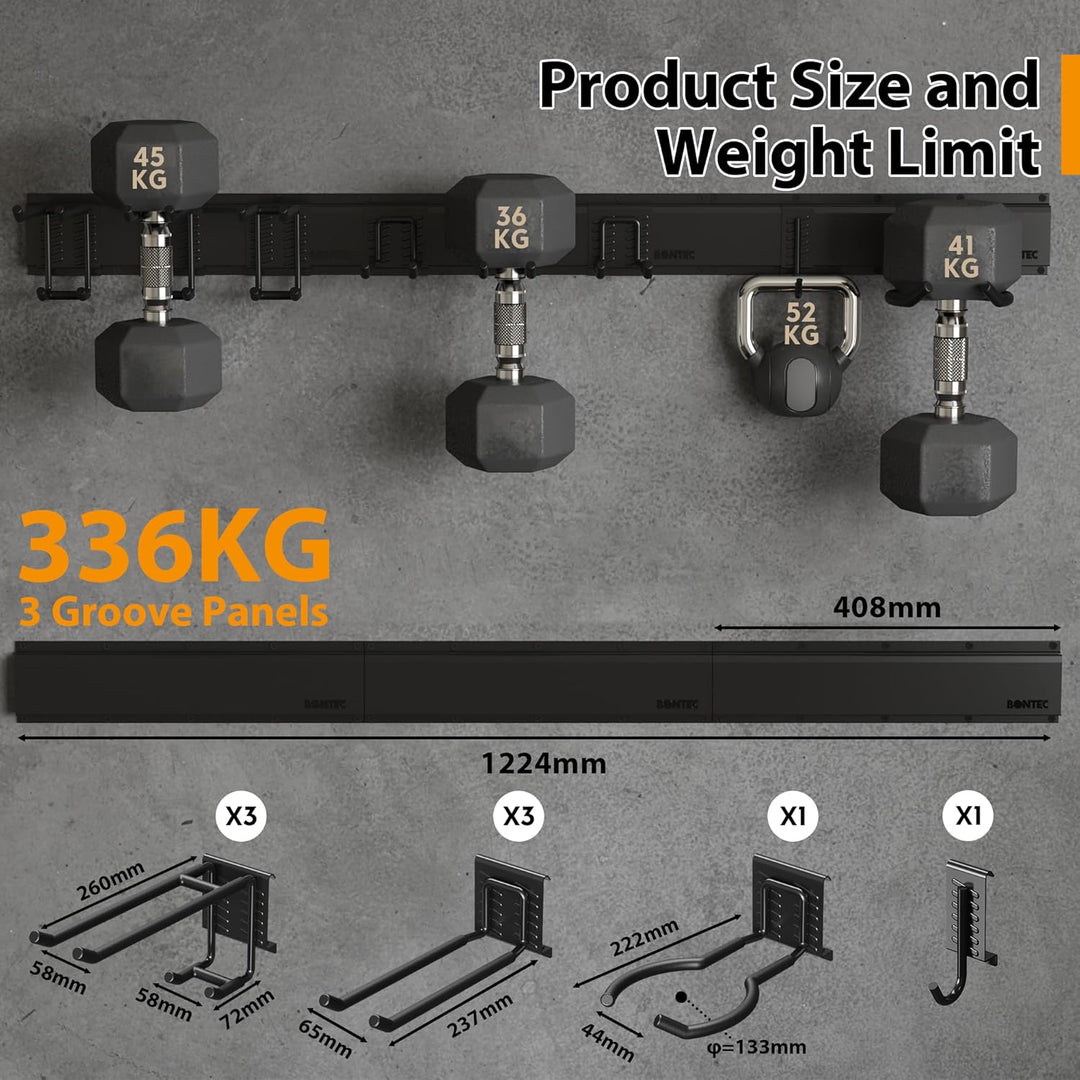 BONTEC Wandmontierter Werkzeughalter, 336 kg Tragfähigkeit, 3 Rail Panels, Verstellbare Garage Wandr