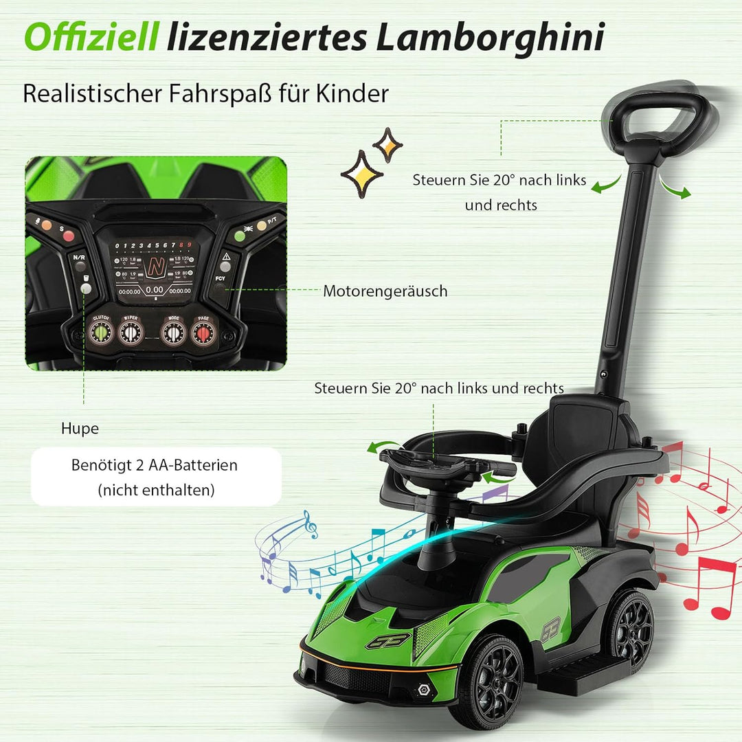 COSTWAY Rutschauto Lamborghini, Rutschfahrzeug mit Schiebstange & Stauraum, Schiebeauto mit Lenkrad