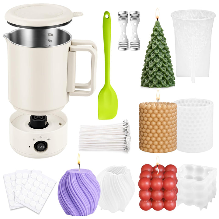 GARMEE Elektrischer Wachsschmelzer 800ML Kerzen Selber Machen Set mit 4 Kerzenformen Silikon, Wachss